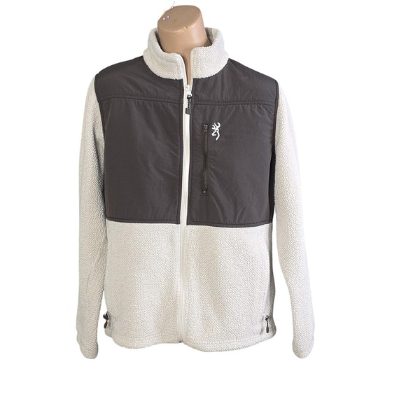 Browning Sherpa Fleece Jacket Womens Medium White Gray Full Zip Buckmark Logo - Picture 1 of 6